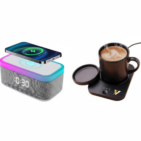 Desk-to-Bedside Power & Comfort Bundle – Sip & Charge 2-in-1 Mug Warmer + 5-in-1 Wireless Charging Alarm Clock Speaker